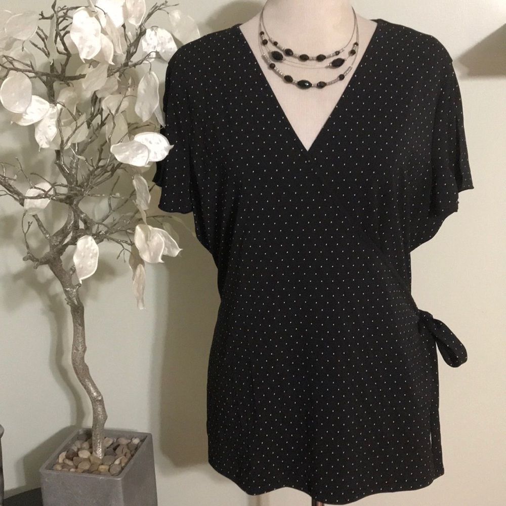 1X Black Wrap-Style Polka Dot Women's Top